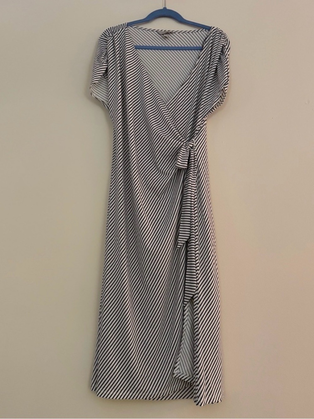 H&M Black White Striped Jersey Wrap Midi Dress Tie Waist Size L